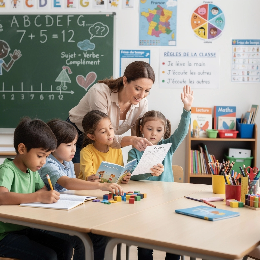 Une maitresse aide 4 de ses élèves pour un exercice